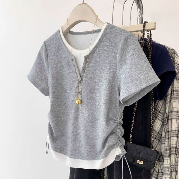 Women's Fashion Short Sleeve T-Shirt – Fake Two-Piece Design With Drawstring & Contrast Panels, Slim Fit Casual Top_ecoleips.com
