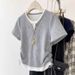 Women's Fashion Short Sleeve T-Shirt – Fake Two-Piece Design With Drawstring & Contrast Panels, Slim Fit Casual Top_ecoleips.com