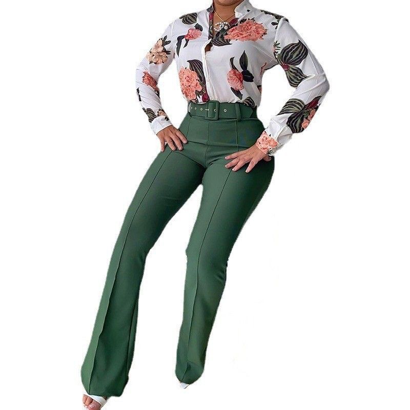 Women's Casual Printed Suit Stand Collar Long-Sleeved Shirt Top Wide-Leg Pants Two-Piece Set_ecoleips.com