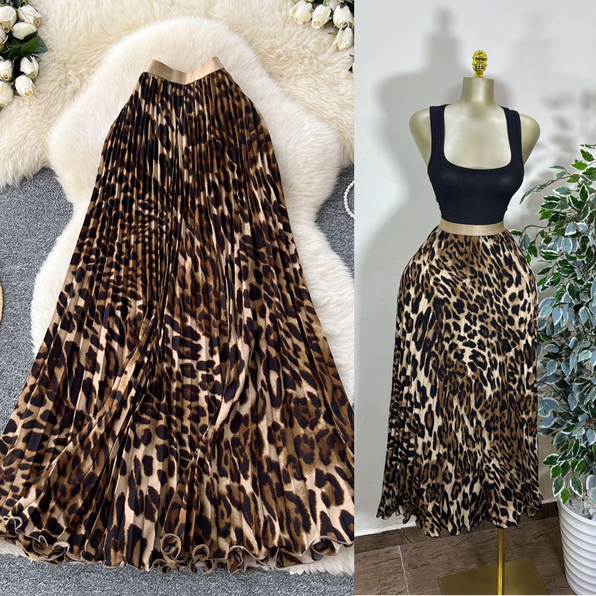 Vintage Floral Print A-Line Midi Skirt With Elastic Waist - High Waist Flowy Pleated Skirt For Women, Boho Chic Summer Skirt_ecoleips.com