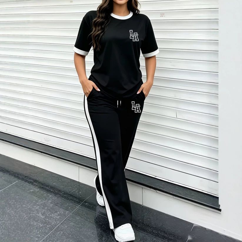 Summer Fashion Women's LA Logo Color Block round Neck Short Sleeve Loose Casual Wide Leg Pants Two Piece Set_ecoleips.com
