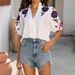 Women's Clothing Fashion Cotton V Neck Sleeve Turtleneck Printed Solid Color T Shirt Tops_ecoleips.com