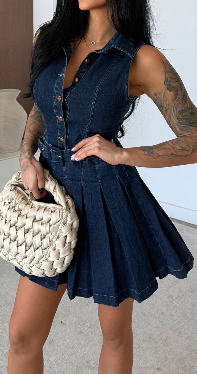 Women's Sleeveless Denim Dress Casual High Waist Button Skirt Dark Blue Light Blue White Summer Fashion_ecoleips.com