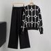 Women's Clothing Elegant Jacquard V-Neck Knit Cardigan & Pants Set Geometric Print, Long Sleeve, Stretch Comfort Fit (Rose Red/Black, S-XL)_ecoleips.com