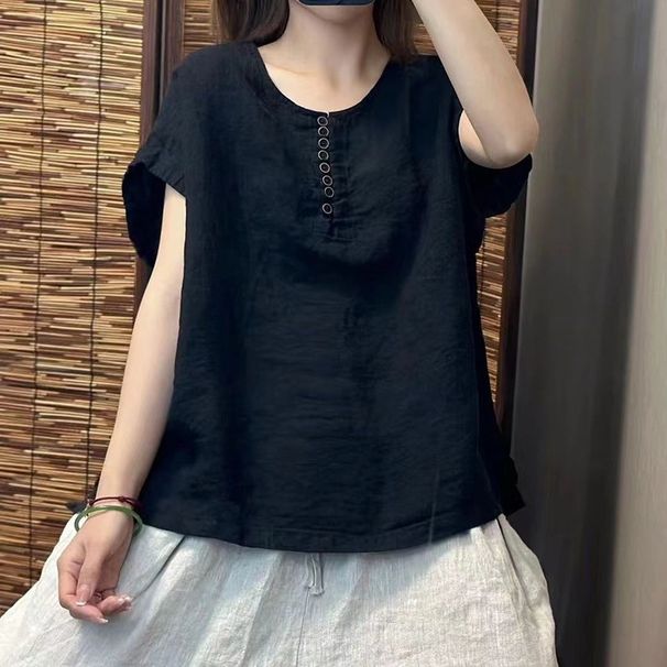 Summer Clothing Featuring A Retro, Casual Style: A Cotton-Linen Top For Women With A Loose Fit And Round Collar; Simple_ecoleips.com