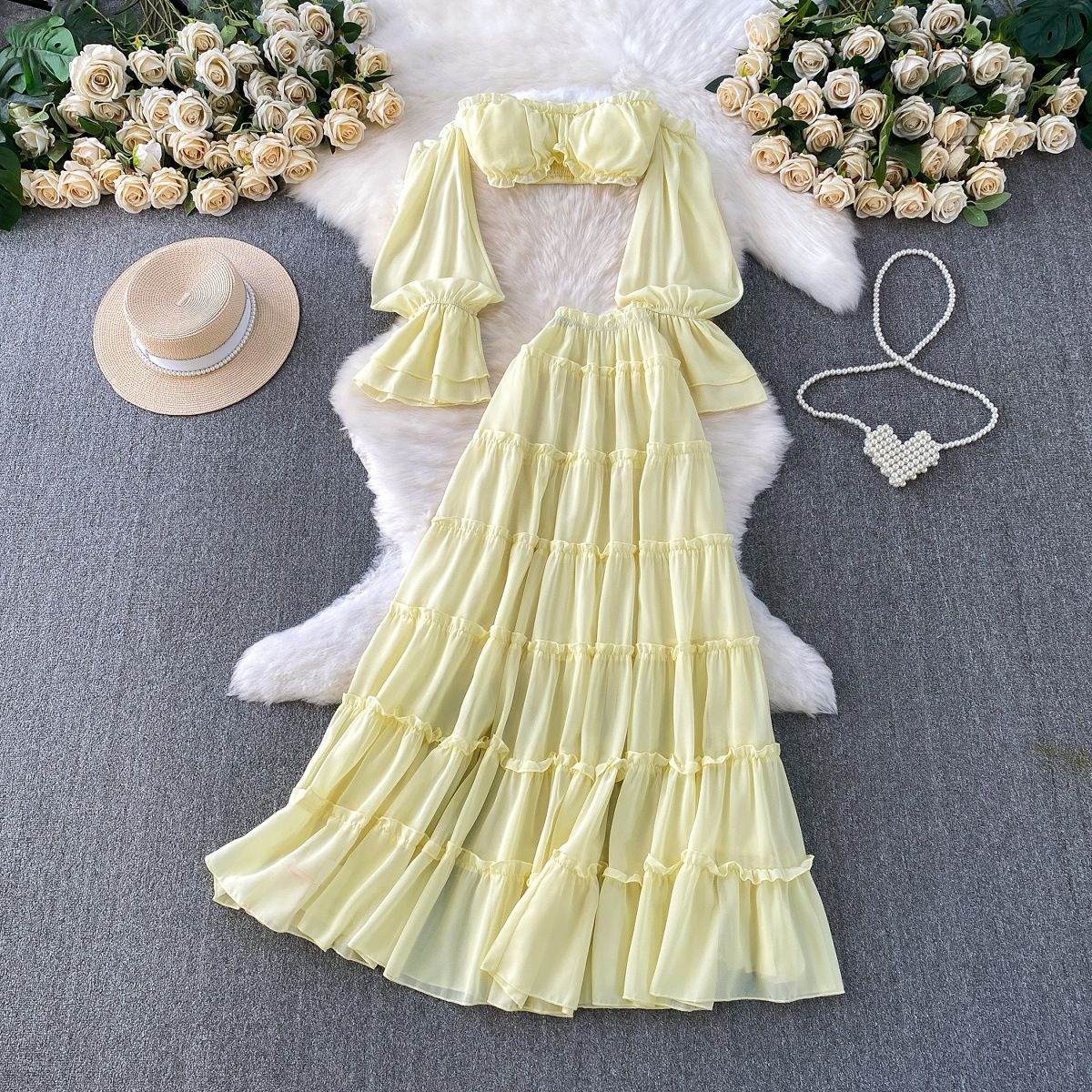 Women's Vacation Style Clothing Set Short Sleeved Blouse & High Waisted Maxi Skirt Padded Bust Flared Sleeves Tiered Ruffle Design_ecoleips.com