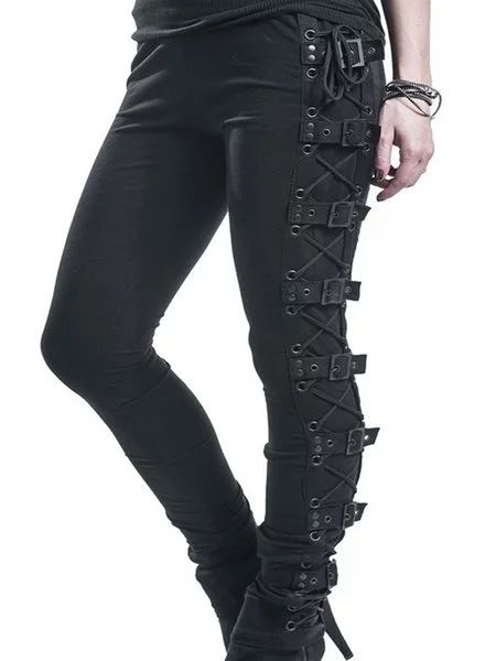 Women's Punk Style Skinny Jeans High Elasticity Side Cross Tie Up Eyelets Studded Clothing For Girls_ecoleips.com