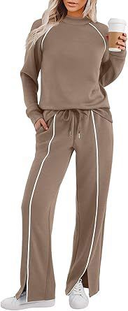Women's Split Hem Long Sleeve Lounge Set – Stretchy Round Neck Pullover & Joggers (Black, Beige, Khaki, Dark Gray, Navy, Army Green)_ecoleips.com