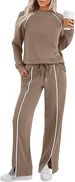 Women's Split Hem Long Sleeve Lounge Set – Stretchy Round Neck Pullover & Joggers (Black, Beige, Khaki, Dark Gray, Navy, Army Green)_ecoleips.com