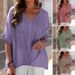 Women's Clothing cotton and linen V neck pullover short sleeved loose fitting women's shirt casual tops_ecoleips.com