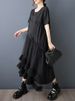 2026 Summer New Mesh Spliced Oversized Black Vintage Dresses For Woman Short Sleeve Loose Casual Midi Dress Elegant Clothing_ecoleips.com
