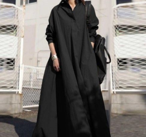 Women's Clothing Autumn Loose Long Sleeves Large Swing Solid Color Cotton And Linen Retro Wide Dress_ecoleips.com