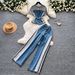 Retro Patchwork Denim Set for Women Short Sleeved Hong Kong Style Summer Casual Straight Leg Pants Two Piece Slimming Outfit_ecoleips.com