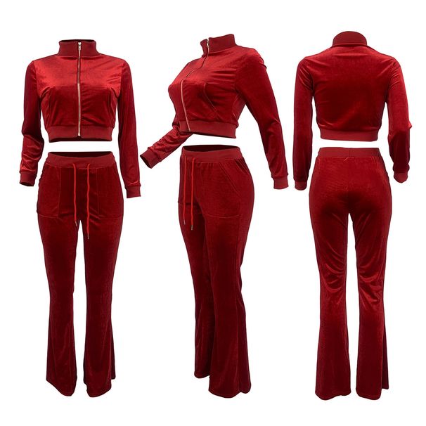 Women’s Stretch Velvet Flared Pants Set – Elegant Two-Piece Outfit For Fall (14 Colors)_ecoleips.com