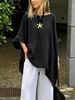Women's Casual Solid Color round Neck Shirt 3/4 Sleeve Cotton And Linen Blend European American Style Fashion Top Irregular Hem_ecoleips.com