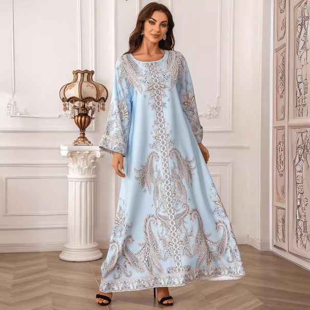 Muslim Ladies Robe Beaded Print Dress Round Neck Slim Abaya_ecoleips.com