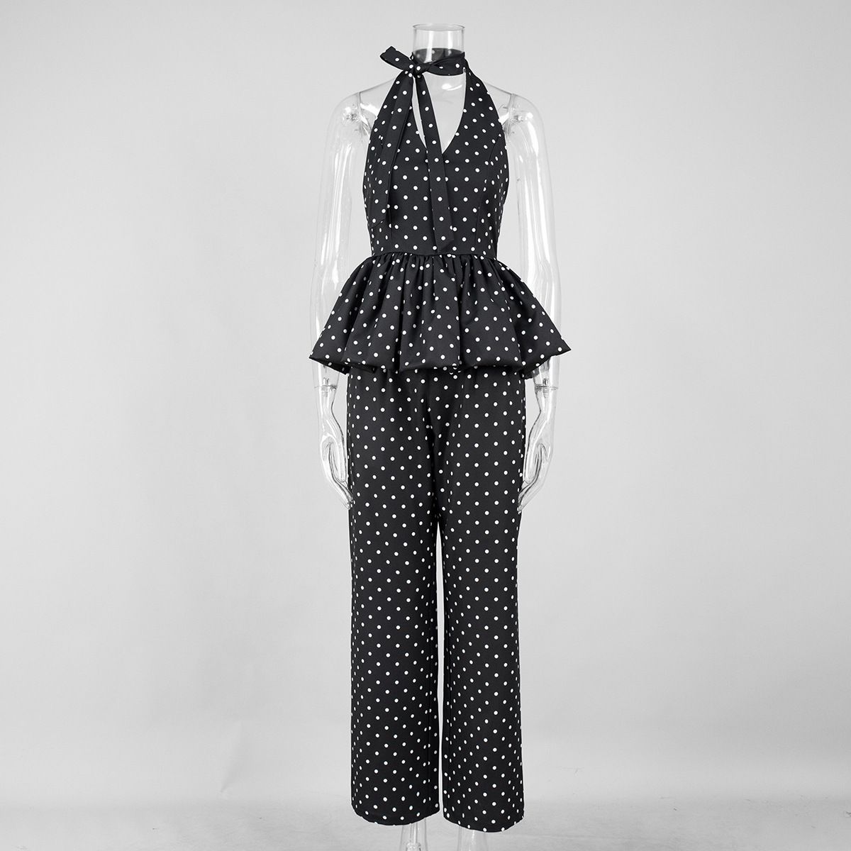 Women's Polka Dot Print Halter Neck Camisole And Wide Leg Trousers Suit European American Style Spring Summer Sexy Set_ecoleips.com