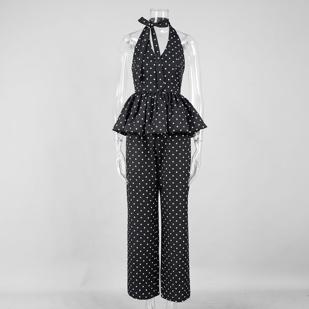 Women's Polka Dot Print Halter Neck Camisole And Wide Leg Trousers Suit European American Style Spring Summer Sexy Set_ecoleips.com