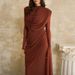 Vintage Solid Color Slim Fit Commuting Dress Casual O-neck Long Sleeved Party Dress New Temperament Pleated Women Maxi Dresses_ecoleips.com
