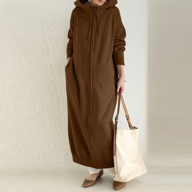 Women's Clothing Fashion Hooded Sports Plus Velvet Sweater Casual Long Sleeve Zipper Jacket Plus Size Solid Color Robe_ecoleips.com