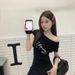One-word Collar Short-sleeved Slim-fit T-shirt Women's Summer Letter Print Slim Spice Girl Versatile Short Off-shoulder Top_ecoleips.com