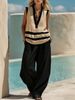 Women's V Neck Sleeveless Vest And Wide Leg Pants Set Casual Loose Two-Piece Outfit_ecoleips.com