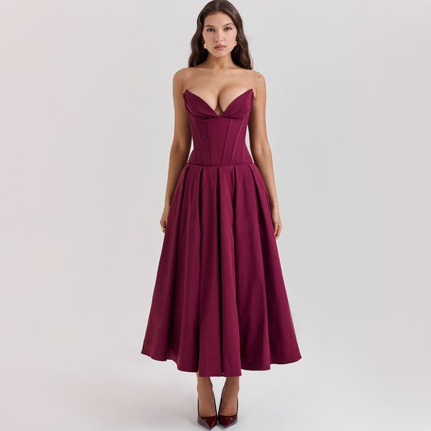 Women's Clothing Solid Color V Neck Large Swing Sleeveless Herringbone Tube Top Elegant Sexy Slim Fit Mid Length Dress_ecoleips.com