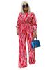 K European And American Plus Size Women's Striped Printed Slanted Long Sleeves, Loose Shoulder Casual Suit, Extra Large Size_ecoleips.com