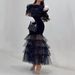 cross Border New Style Hip Covering Mid Waist Waist Black Artistic Mesh Sequin Temperament Commuter Long Skirt Dress_ecoleips.com