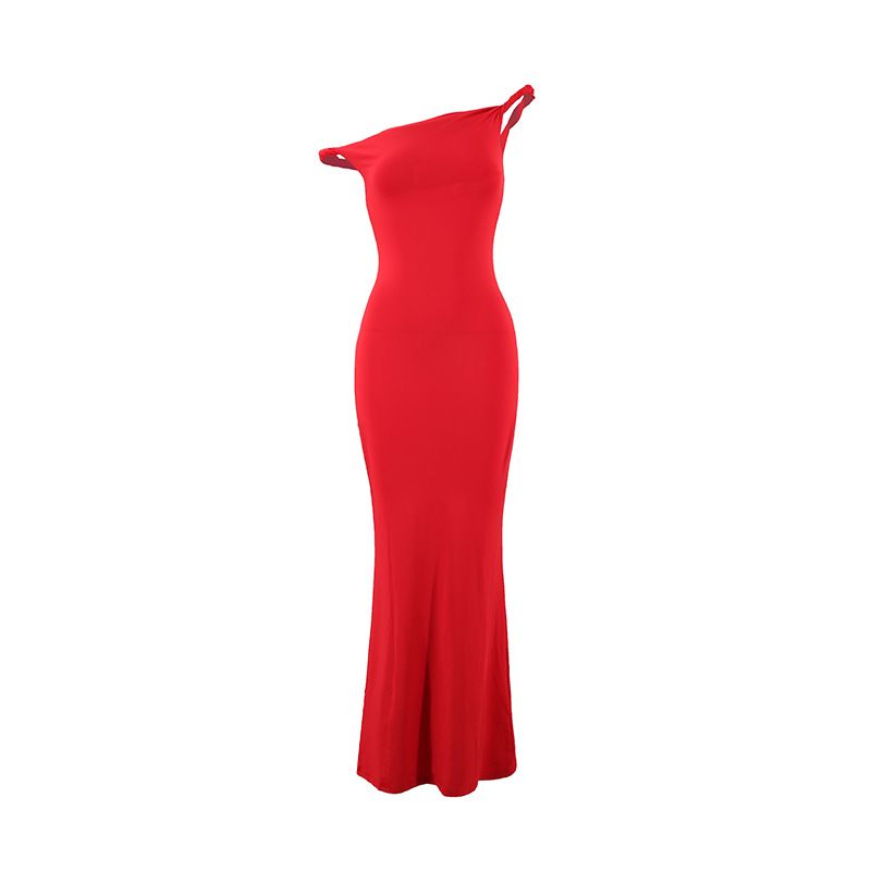 Women's Clothing Sexy One Shoulder Oblique Shoulder Slim Hip Wrapped Solid Color Dress For Women_ecoleips.com