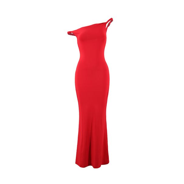Women's Clothing Sexy One Shoulder Oblique Shoulder Slim Hip Wrapped Solid Color Dress For Women_ecoleips.com