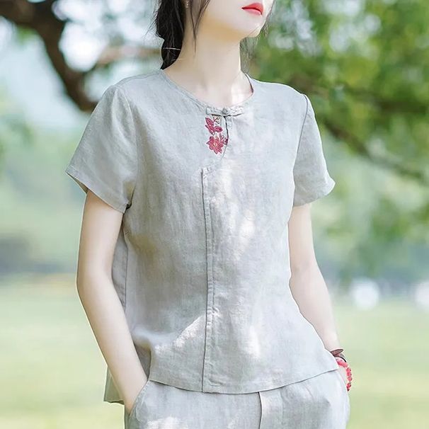 A Cotton-Linen T-Shirt Featuring Traditional Chinese Embroidery Design, With A Retro Style Suitable For Women's Summer W_ecoleips.com