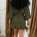 Women's Casual V Neck Wrap Tie Lantern Long Sleeve Solid Color Linen Mini Dress – Summer Resort Gown_ecoleips.com