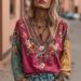 Bohemian Floral Print V-Neck Blouse - Cotton Linen Long Sleeve Tunic Top For Women, Casual Ethnic Embroidered Peasant Shirt_ecoleips.com
