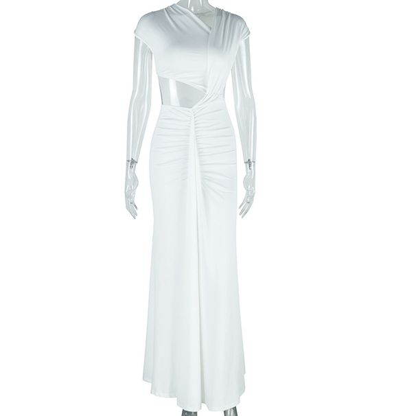 Women's Fashion Sleeveless Dress Solid Color Oblique Collar Fishtail Skirt Ribbon Detail Temperament Skirt Dress_ecoleips.com