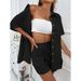 Women's Cotton Linen Shirt Set Solid Tie Dye Short Sleeved Casual Loose Single Breasted European American Style Fashion Shorts_ecoleips.com