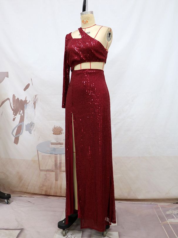 Women's Clothing wine red high-end style off-shoulder shoulder slit dress sexy high waist_ecoleips.com