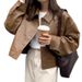 Women's PU Leather Short Jacket - Autumn Brown Retro Polo Collar Coat, Slim Fit Button-Down Blazer For Petite, Office & Casual (S-XL)_ecoleips.com