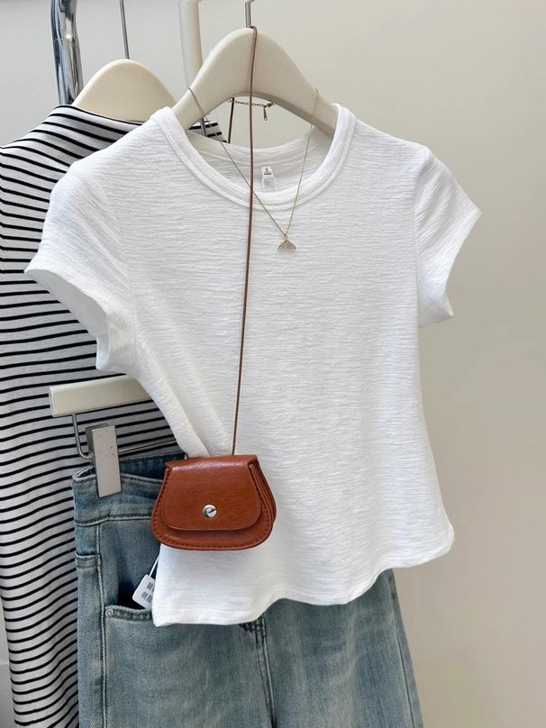 ZOEVA Milk Blue Texture Korean Simple Short-sleeved Women's T-shirt Summer Slim And Thin Niche Foreign Style Bottoming Shirt Top_ecoleips.com