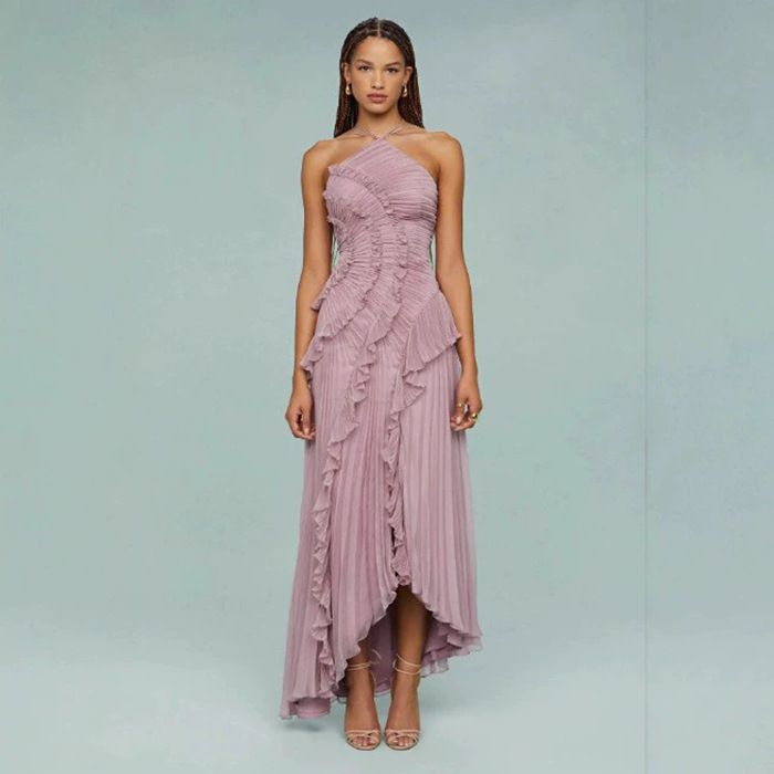 Women's Elegant Ruffled Ruched Halter Backless Midi Dress – Casual Resort Party Gown For Summer_ecoleips.com