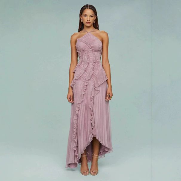 Women's Elegant Ruffled Ruched Halter Backless Midi Dress – Casual Resort Party Gown For Summer_ecoleips.com