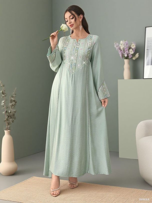 Muslim Dress Women "Elegant Sequined Embroidered Kaftan Dress – Muslim Long Cover-Up With Sparkling Details (Pink/Light Green, M-XL)"_ecoleips.com