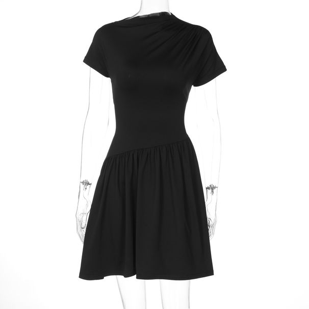 Women's Clothing 2025 Winter New Fashion Slim-Fit Back-Tie Pleated Solid Color Short-Sleeve Dress Wholesale_ecoleips.com