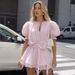 TARUXY Waist-Cinching 3D Flowers Ruched Dress Women's Solid Sexy Round Neck Lace Up Puff Sleeves High-Waisted Dress 2026 Summer_ecoleips.com