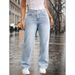 Women's Casual Light Blue Washed Overlap Waist Loose Straight Leg Jeans Denim Pants_ecoleips.com