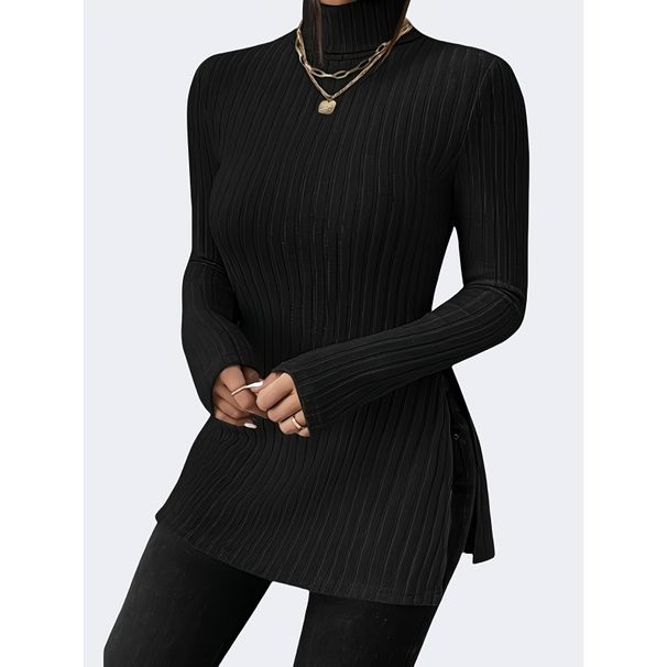 Wholesale Large-Size Women's High-Necked Cardigans With Slit, Fitted Base Layer, Striped Medium-Length Tops_ecoleips.com