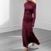 Women's Burgundy Elegant Round Neck Pleated Slim Fit Long Sleeve Bodycon Dress_ecoleips.com