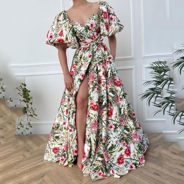 Women's Clothing V Neck Chiffon Print High Waist Slim Big Swing Skirt Celebrity Short Sleeve Dress_ecoleips.com