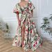 Women's Clothing V Neck Chiffon Print High Waist Slim Big Swing Skirt Celebrity Short Sleeve Dress_ecoleips.com