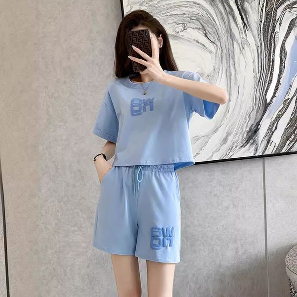 Women's Clothing New Loose And Stylish Blue Thin Shorts Running Two Piece Suit_ecoleips.com